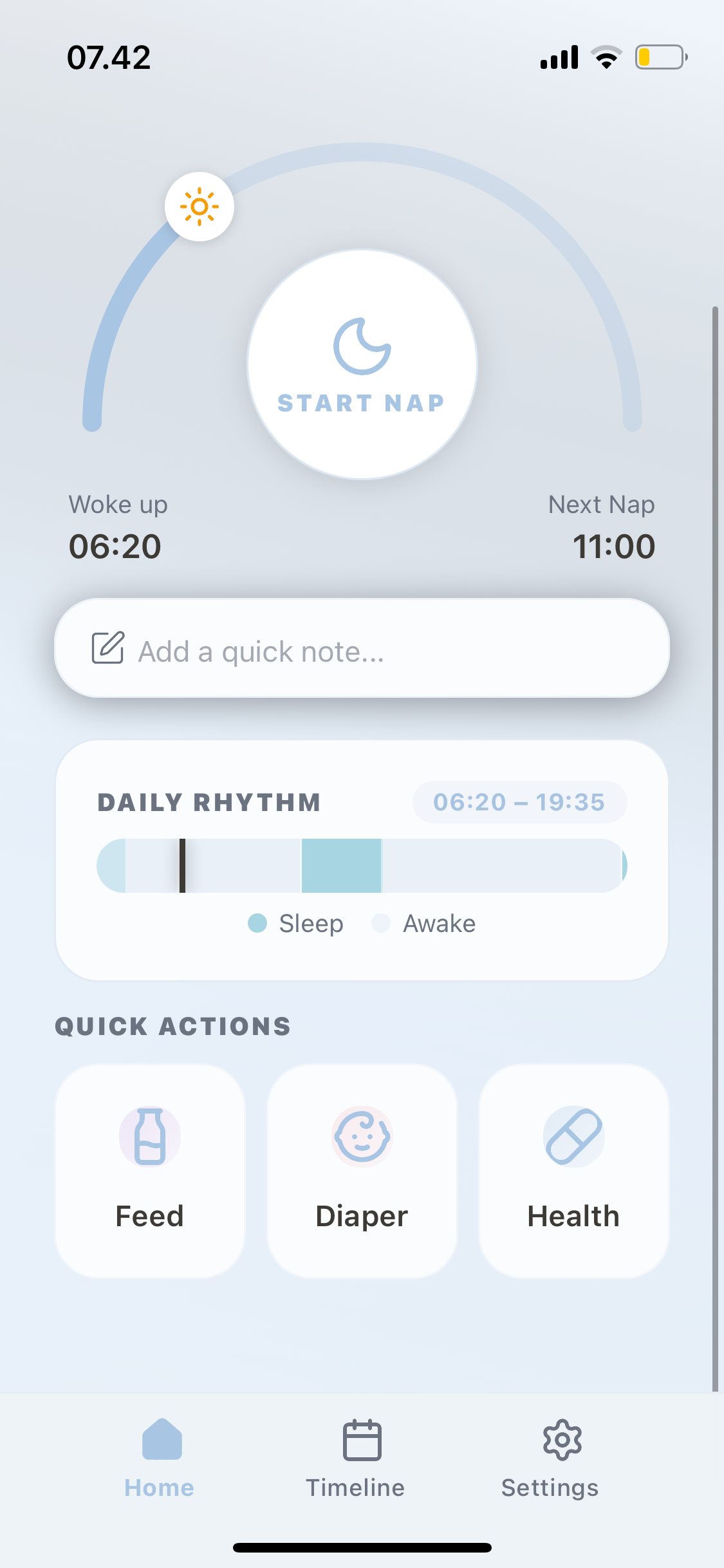 Tiny Sleeps app showing wake window guidance and one-tap nap tracking